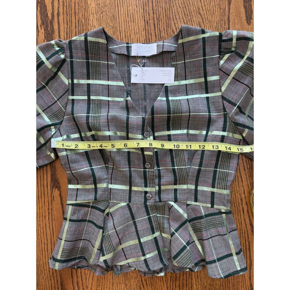 Jeune Otte Women's Christine Blouse Wool Plaid Peplum Top Green Multi Size S NWT - Picture 3 of 7